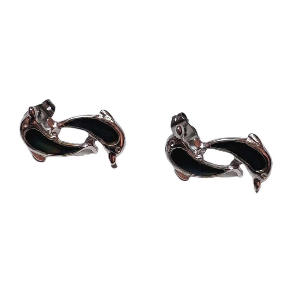 VINTAGE SILVER TONE DOUBLE DOLPHIN MOOD COLOR CHANGE STUD POST EARRINGS JEWELRY